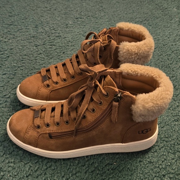 UGG Womens Size 10 Olive Chestnut Leather High Top Sneakers Fur Trimmed 1019716 - Picture 4 of 12